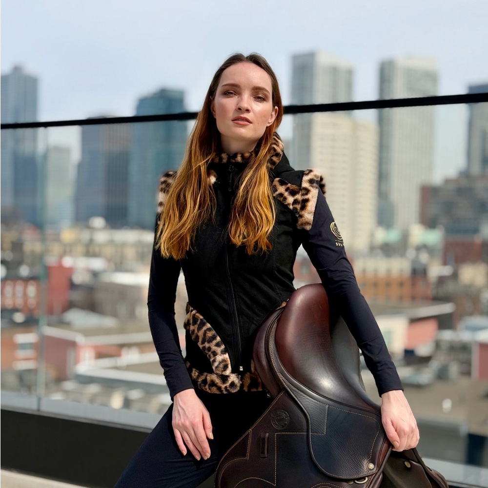 Equestrian Black Vest with Leopard Trim